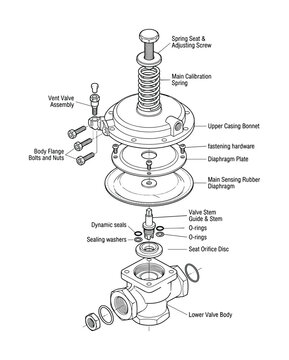Exploded technical diagram of a pressure regulator valve assembly with components.
