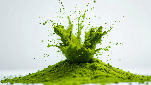 Close up of vibrant green matcha powder explosion splashing from a mound on white background.