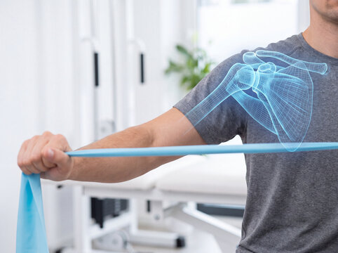 Man doing shoulder physical therapy. Patient exercising with resistance band and 3D anatomy.