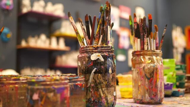 Paint brushes covered in vibrant acrylic colors standing in glass jars on a wooden table, capturing the essence of artistic expression and creativity