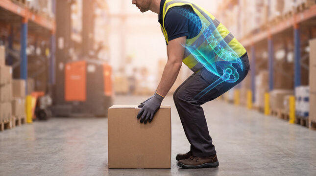 Warehouse worker lifting heavy cardboard box. Male logistics employee handling large package in industrial storage facility.