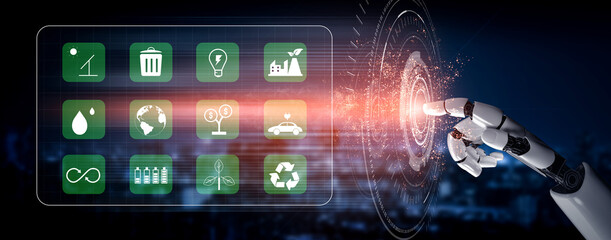 Fototapeta na wymiar Using AI to manage green energy and sustainability. AI systems for renewable resources and eco friendly technology for environmental protection. Motif