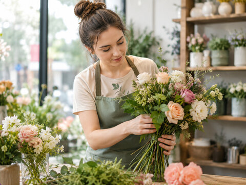 Young florist arranging a lush bouquet of roses and seasonal flowers at a bright boutique worktable, showcasing floral design, craftsmanship, small business, and creativity.