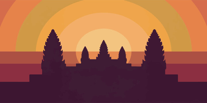 Iconic Angkor Wat Temple Silhouette Illustration