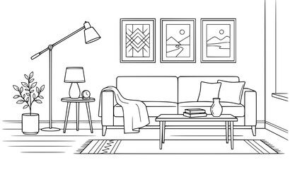 Fototapeta premium Home Interior Sofa Lamp Plant Line Art Vector Illustration
