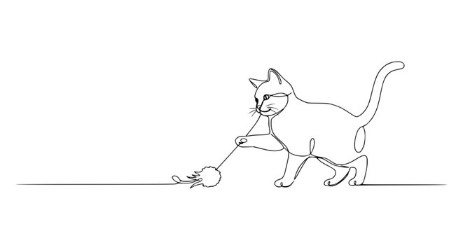 Continuous Line Drawing of a Playful Cat Chasing a Toy Mouse