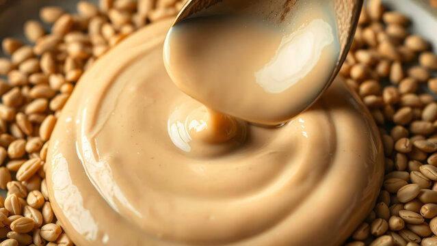 Creamy tahini paste pouring from spoon onto bed of toasted sesame seeds for hummus.