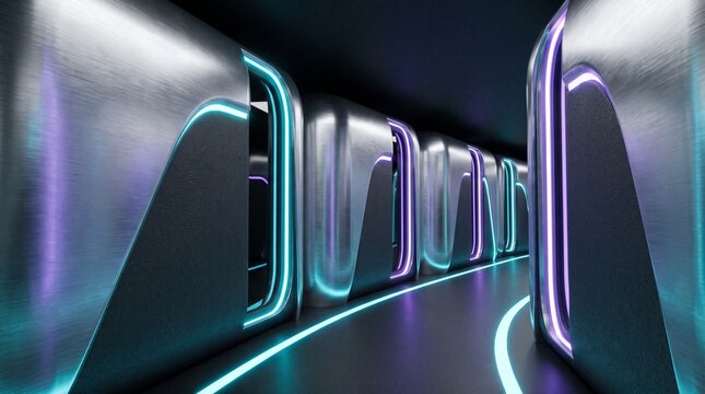 Futuristic Sci-Fi Corridor with Neon Blue and Purple LED Lighting and Sleek Metallic Walls