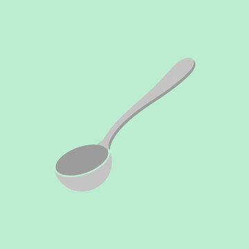 A simple illustration of a silver kitchen spoon on a light green background