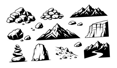 Rock Pile Stone Mountain Silhouette Vector Set Transparent © MDNOYON