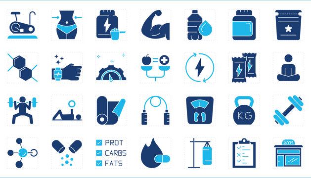 A set of icons related to Gym and Fitness. Gym, fit, dumbbell, treadmill, strength, nutrition, and so on.