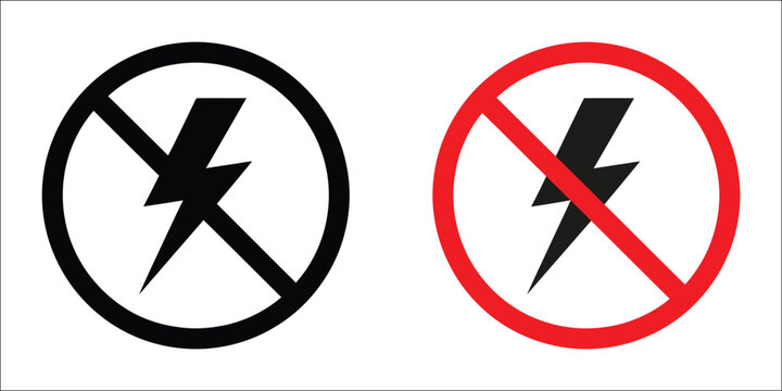 Lightning and no lightning icon set with flash warning, power outage, blackout risk, electrical hazard, safety notification, and electricity symbols, vector, designs