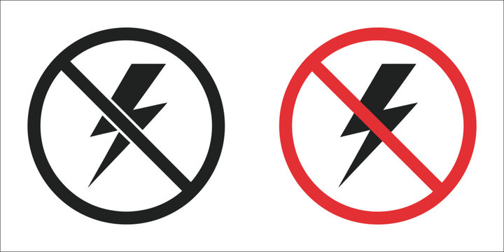 Lightning and no lightning icon set with flash warning, power outage, blackout risk, electrical hazard, safety notification, and electricity symbols, vector, designs