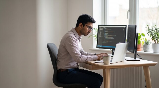 A young man in glasses concentrating while working on a laptop and computer monitors at a desk in a home office setting