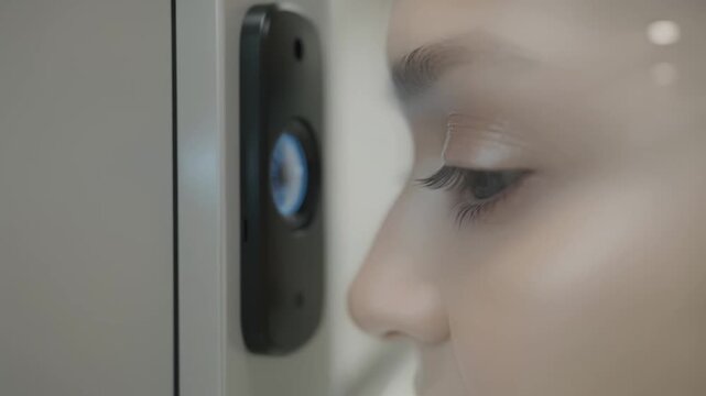 Medium shot capturing a users eye aligning with an iris scanner embedded in a secure access panel with the corridor and walls artistically blurred.