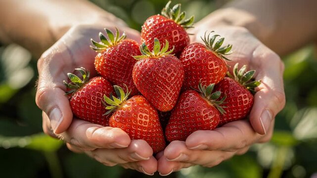 Fresh ripe strawberries held in hands showcasing vibrant color and natural freshness for healthy eating