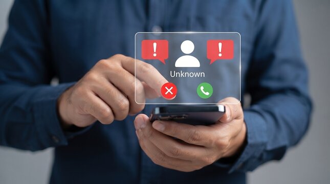 Man blocking spam call on smartphone. User rejecting unwanted telemarketing phone contact.