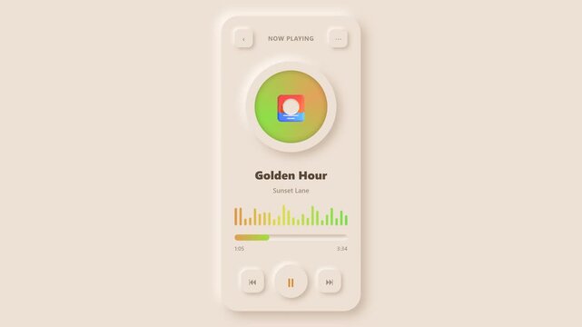 Neomorphic music player app interface with animated audio waveform