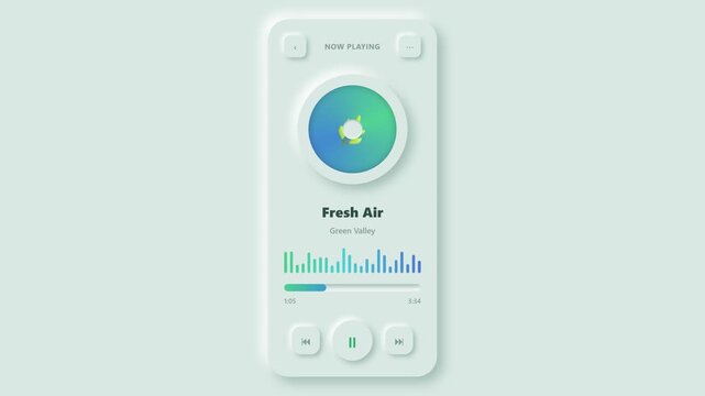 Neumorphic music player app interface with animated audio waveform