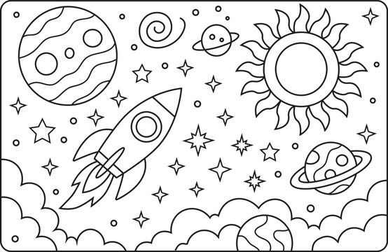 Weltraumelemente als Cartoon-Umriss, handgezeichnete Linienkunst-Illustration, Doodle-Kunst-Malvorlage f&uuml;r Kinder