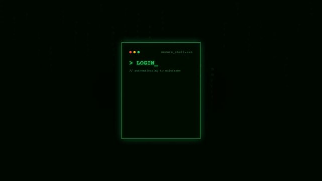 Green computer terminal login screen sequence