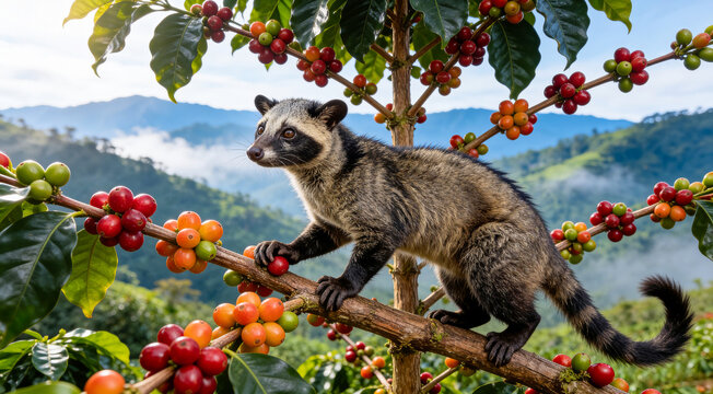 A detailed close-up of an Asian palm civet perched on a coffee tree branch touching ripe red coffee cherries, with scenic green mountains in the background for Kopi Luwak concept.