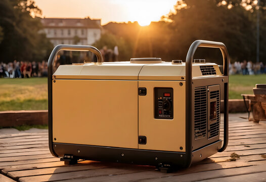 Portable power generator on wooden planks at sunset, providing electricity for outdoor events and emergency backup, this essential equipment offers a reliable energy supply for various applications