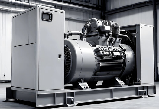 Industrial power generator with a large engine and control panel, providing backup electricity for commercial operations