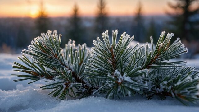 Frost-covered pine branches glisten in the sunlight, surrounded by a snowy landscape at sunset