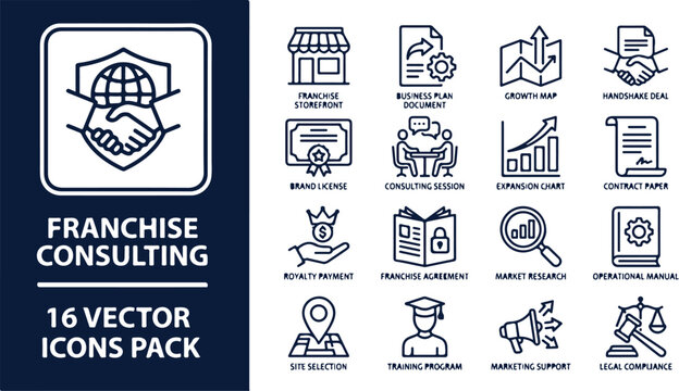 Line icons set for franchise business consulting and expansion planning.