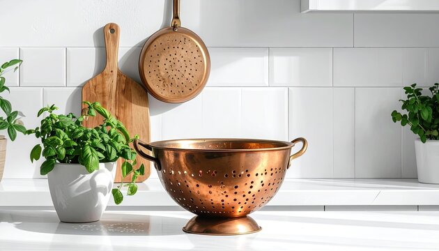 Copper Colander Pot with Potted Herbs on White Kitchen Counter