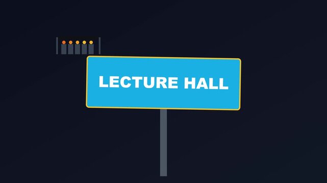 Lecture hall sign animation: academic direction and educational campus wayfinding 4k