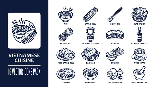 Set of 16 Vietnamese cuisine line vector icons representing traditional dishes, street food, and culinary ingredients.