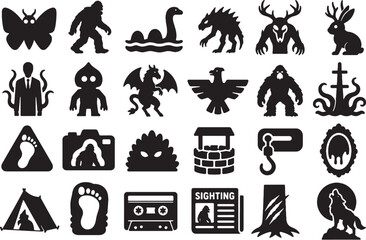 Fototapeta premium Cryptids Folklore Urban Legends Monster Icon Set - Minimalist Vectors