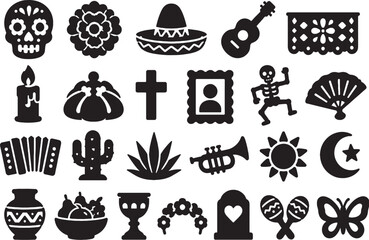 Fototapeta premium Day of the Dead Dia de los Muertos Icon Set - Minimalist Black Vectors
