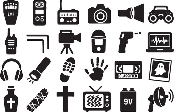 Ghost Hunting Paranormal Investigation Icon Set - Minimalist Black Vectors