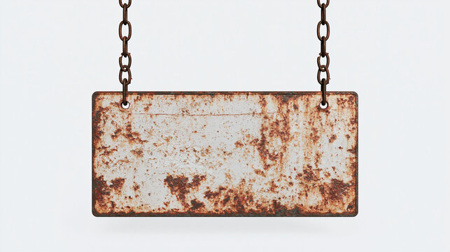Blank rusty rectangular metal sign hanging on iron chains isolated on white background, vintage metal plate mockup.