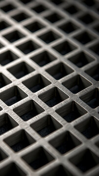 Close up perspective view of industrial metal mesh grid floor with dark square geometric patterns and shadows.