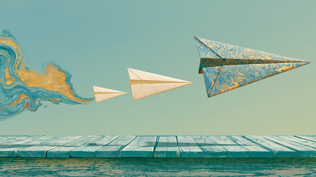 Paper airplanes flew in a line above the wooden floor, leaving a long, beautiful trail of liquid paint.