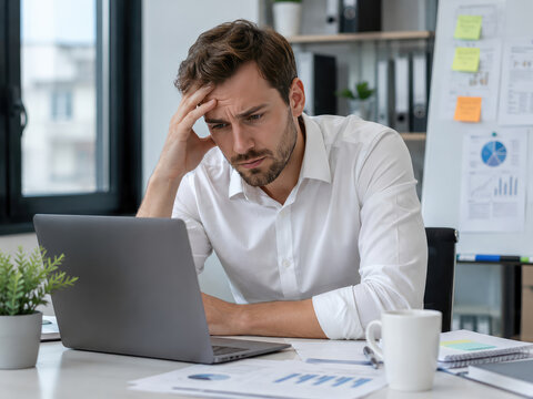 Stressed Businessman Reviewing Financial Results on Laptop in Office