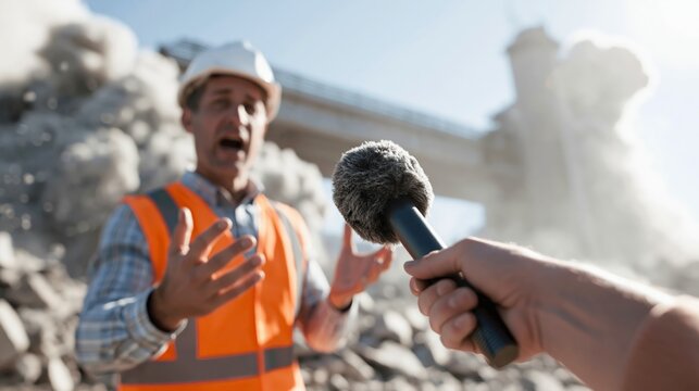 Civil engineer speaking with a journalist's microphone extended while a bridge demolition unfolds behind. Concept of engineering demolition news interview.