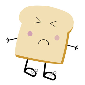 Cute cartoon illustration of a sad sliced bread with closed eyes, rosy pink cheeks, arms, and shoes. Ideal for food, mood, and bakery-related concepts
