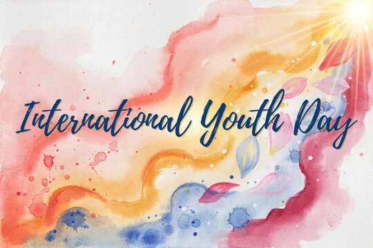 International Youth Day, colorful watercolor background with text