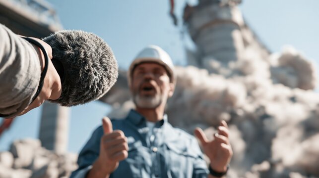 Civil engineer speaking with a journalist's microphone extended while a bridge demolition unfolds behind. Concept of engineering demolition news interview.