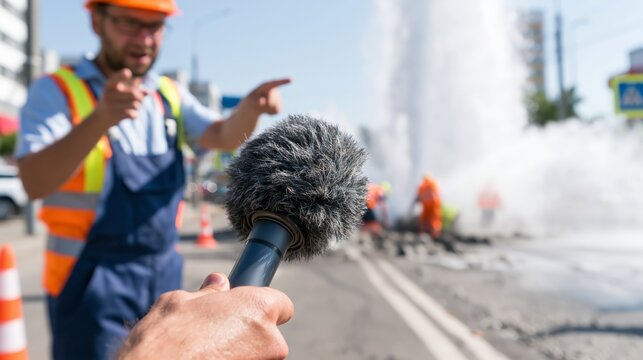 Hydraulic engineer speaking with a journalist's microphone extended while a burst pipe shoots a water fountain behind. Concept of pipe burst news interview.