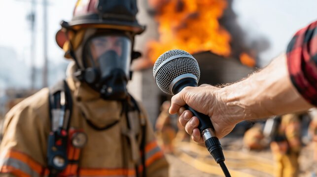 Firefighter speaking with a journalist's microphone extended while a building burns in the background. Concept of fire emergency news interview.