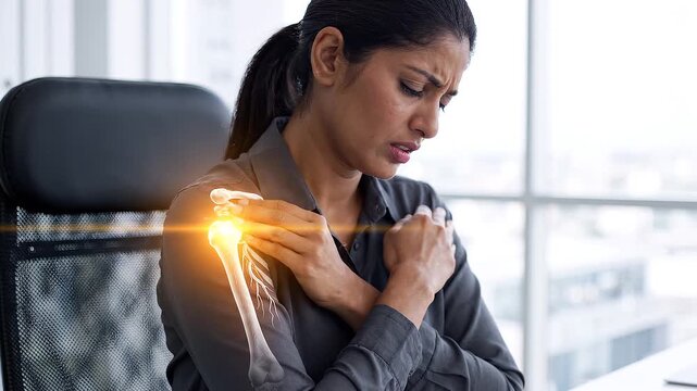 Business woman suffering from severe shoulder pain in office with highlighted skeletal anatomy of the joint injury