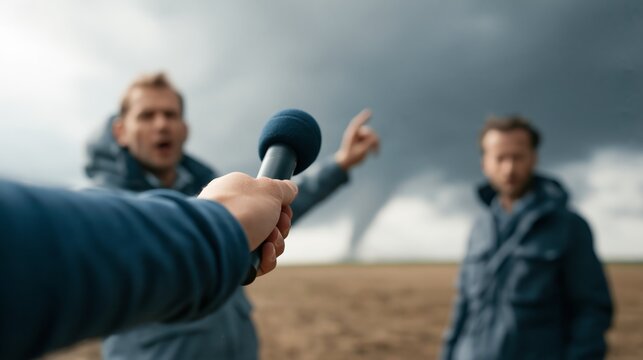 Storm chaser speaking with a journalist's microphone extended while a tornado funnel is visible behind. Concept of storm chasing news interview.