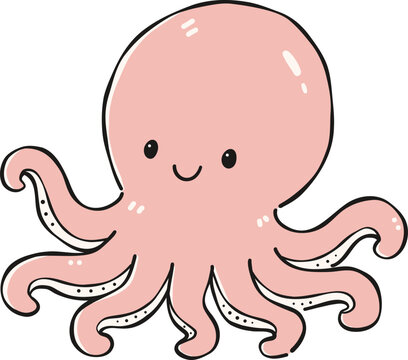 Cute pink octopus smiling Clipart, Cute Nautical Ocean Marine Vector, Hand Drawn flat color Kids Nursery Sublimation Graphic Element