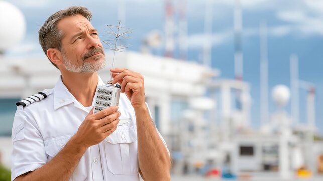 Aviation meteorologist holding a radiosonde in a weather station while thinking. Concept of quiz, consultation and trivia about aviation meteorology.
